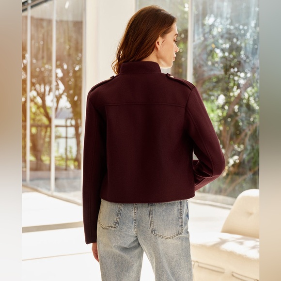 393. Stand Collar Button Down Jacket in Burgundy - Picture 4 of 7